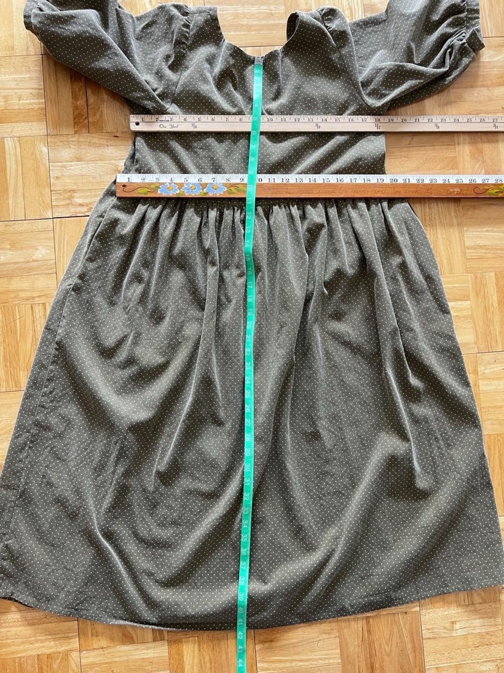 Olive Green Polka Dot Cottagecore Smock Dress Size Medium Prairie Farmcore Midi - Picture 7 of 8